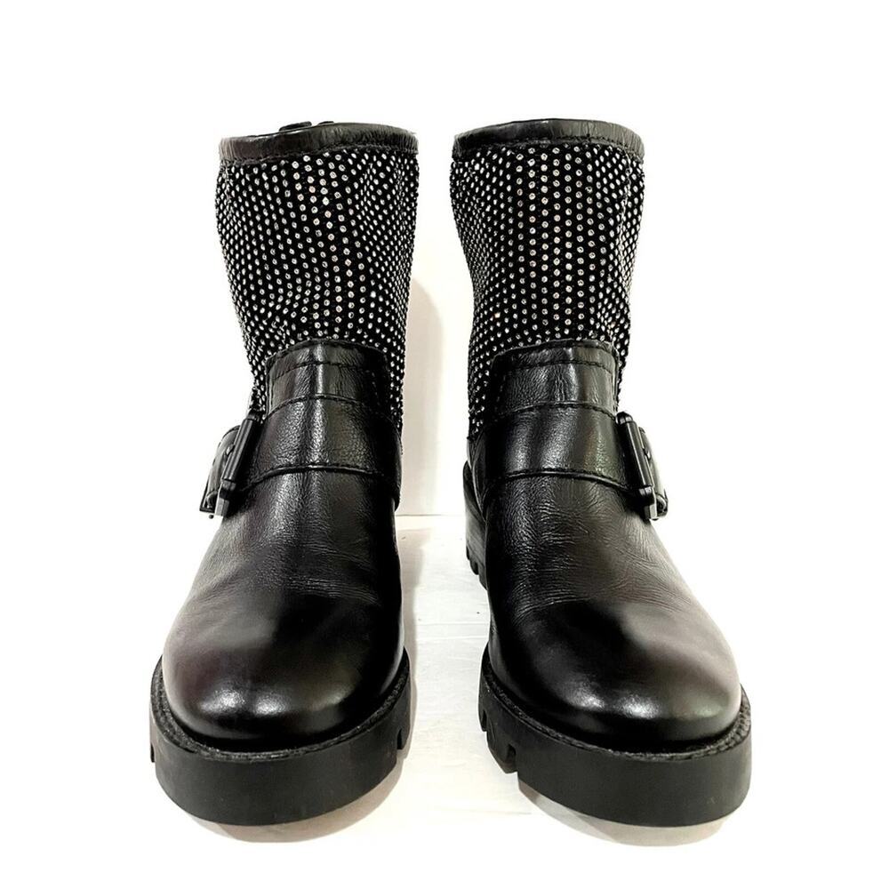 Schutz Black Studded Buckle Zip Mid-Calf Biker Boots Round Toe Leather Women's 8